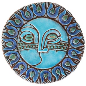 Turquoise Ceramic Sun & Moon Wall Art - Garden Decor (30cm)