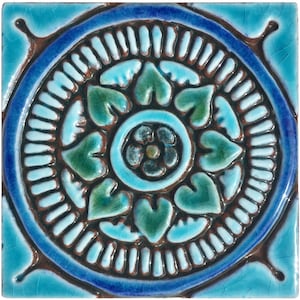 Ceramic Tile With Mandala Decor, Decorative Relief Tile, Bathroom Wall Decor, Spanish Tile, Ceramic Tile, Mandala #3 10cm Turquoise
