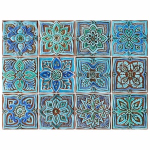 12 Decorative Ceramic Tiles For Wall Art, Bathroom Tiles, Kitchen Wall Hanging, Ceramic Tile Art, Moroccan-Mandala-Suzani 15cm Turquoise