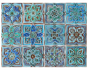 12 Decorative Ceramic Tiles For Wall Art, Bathroom Tiles, Kitchen Wall Hanging, Ceramic Tile Art, Moroccan-Mandala-Suzani 15cm Turquoise