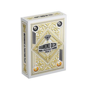 以下が含まれることがあります： 白と金のダイヤモンドデッキプール練習カードボックス。ボックスには「Diamond Deck Pool Practice Cards Deck 5」と「Defensive & Position Play」の文字が記載されています。ボックスにはダイヤモンドのグラフィックと8ボールと9ボールのグラフィックもあります。