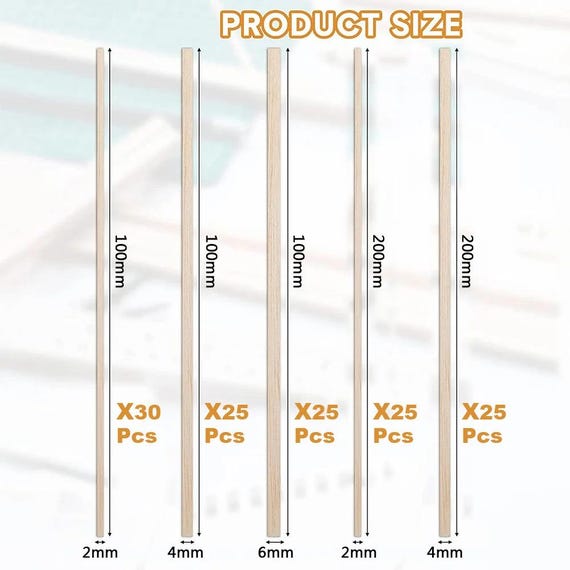 100 Bâtonnets En Bois Carrés 4mm X 30cm - Bois Naturel Non Traité Pour Bricolage