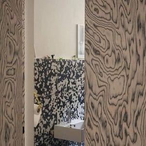 May include: Interior shot of a bathroom with a contemporary design. The walls showcase a distinctive wood grain pattern in grey and beige tones. A white sink and a patterned wall with black and white speckles are visible.