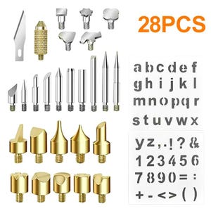 Puede incluir: Un juego de 28 piezas de herramientas y plantillas para quemar madera. El juego incluye varias puntas metálicas de diferentes formas, una cuchilla y una plantilla con letras, números y símbolos. El texto "28PCS" es visible.