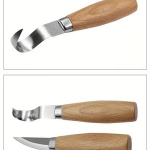 May include: A wood carving tool set featuring a hook knife with a curved metal blade and a straight whittling knife. Both tools have light-coloured wooden handles and silver-toned metal ferrules connecting the blades to the handles.