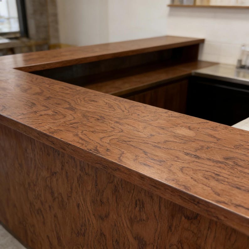 K&ouml;nnte beinhalten: Eine ma&szlig;gefertigte Holzbar mit einem satten, warmbraunen Finish. Die Bar verf&uuml;gt &uuml;ber eine Arbeitsplatte mit detailliertem Holzmaserungsmuster und einen erh&ouml;hten R&uuml;ckbereich. Das Design umfasst einen vertieften Bereich, der auf einen Arbeits- oder Lagerbereich hindeutet. Die Konstruktion der Bar ist robust und gut verarbeitet.