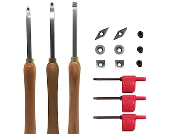 May include: A woodworking tool set featuring three woodturning tools with wooden handles and metal blades. Additional components include replacement cutting tips, screws, and red T15 wrenches. The tools are designed for precision wood shaping.