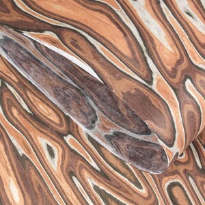 Puede incluir: Primer plano de un patr&oacute;n de vetas de madera con l&iacute;neas arremolinadas en tonos marr&oacute;n, beige y blanco. El patr&oacute;n tiene un aspecto natural y org&aacute;nico, con una ligera curva visible en el lado derecho.