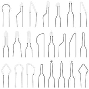 May include: A collection of silver-colored wood-burning tips in various shapes, including loops, points, and angled designs. The tips have white ceramic elements and are arranged in rows, showcasing a variety of options for detailed pyrography work.