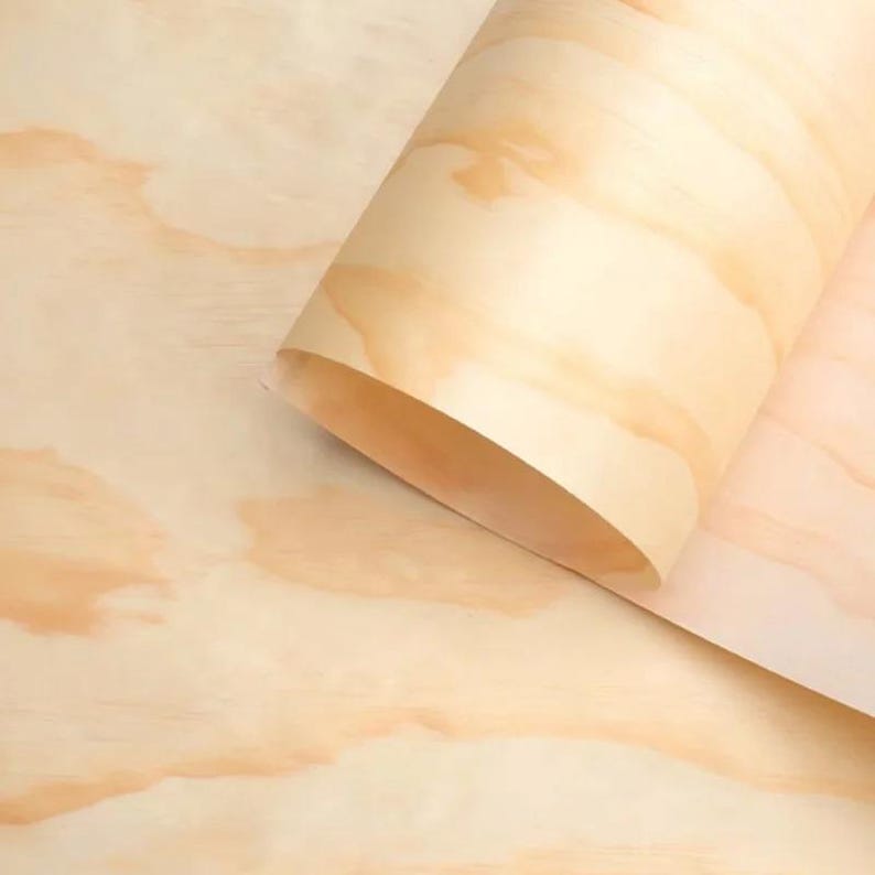 May include: A close-up of a roll of light-colored wood veneer. The wood grain is visible, with subtle variations in color from light tan to a slightly darker shade. The veneer is partially rolled, revealing the inside.