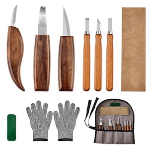 Cincel para tallar madera con guantes, 10 piezas, mango ergonómico, hoja afilada, para detalles artesanales, esculpir cucharas, cuencos y recortar.