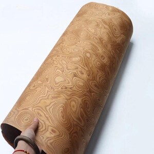 May include: A rolled sheet of wood veneer with a swirling, organic grain pattern in shades of brown and tan. The veneer is held by a hand, showcasing the natural wood texture and colour variations. The wood grain resembles a topographic map.