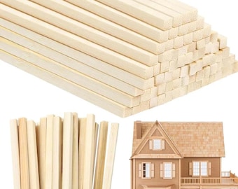 Natural Square Wood Sticks, Unfinished Dowels for DIY Craft Projects, Model Building, Woodworking Supply