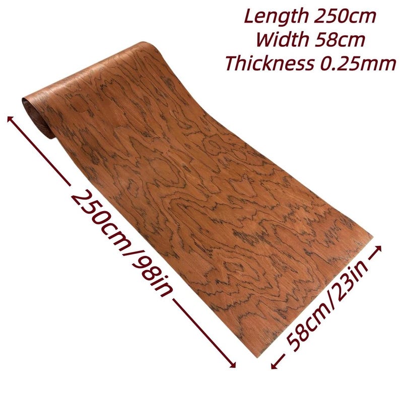 K&ouml;nnte beinhalten: Eine Rolle Holzfurnier mit einem nat&uuml;rlichen Holzmaserungsmuster in Braun- und Schwarzt&ouml;nen. Das Furnier misst 250 cm lang, 58 cm breit und 0,25 mm dick. Der Text auf dem Bild gibt die Abmessungen an.