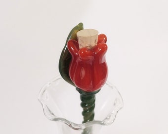 Red Rose Handmade Glass Flower Hairstick Miniature Jar Cork Swizzle Stick Plant Stake Botanical Sculpture