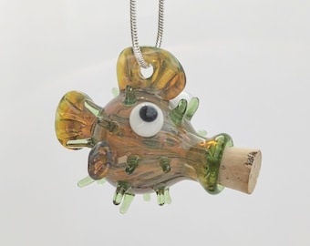 Glass Puffer Fish Hollow Pendant Bottle with Cork