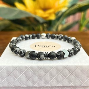 Męska bransoletka z obsydianu i hematytu w kształcie płatka śniegu – ręcznie robiona elastyczna bransoletka z kamieni naturalnych – [Tokio]