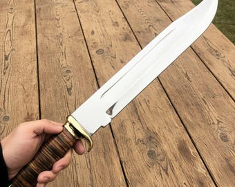Handmade 14in Bowie Hunting Knife with Leather Sheath