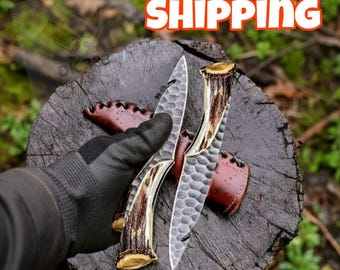 Handmade Damascus Steel Hunting Knife, Stag Horn Handle, Buffalo Leather Sheath