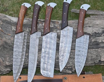 Handmade Damascus Steel Chef Knife Set: Rosewood Handle, Leather Case