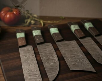 Handmade Damascus Chef Knife Set: Wenge Wood & Resin Handles, Leather Roll