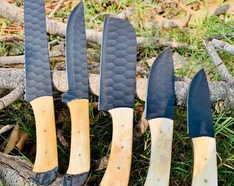 Hand Forged Chef Knives Set: Camel Bone Handles, Powder Coated Blades