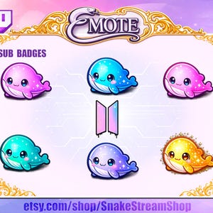 Puede incluir: Gráfico de arte digital con seis emotes de ballenas de dibujos animados en varios colores: rosa, azul, turquesa, morado y amarillo. La palabra "EMOTE" está en la parte superior, y el texto "SUB BADGES" es visible. El fondo es un degradado de rosa y morado.