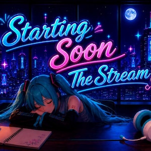 Puede incluir: Una ilustración digital con un personaje de cabello azul verdoso durmiendo en un escritorio con un cuaderno abierto y un bolígrafo. Arriba, el texto de neón azul y rosa dice Starting Soon The Stream. Incluye auriculares blancos y azul verdosos.