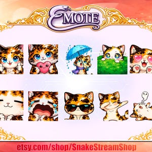 Puede incluir: Una colección de emoticonos de gatos de dibujos animados con varias expresiones, incluyendo corazones, lágrimas y gafas de sol. Los emoticonos son cuadrados y presentan un diseño de gato calicó. La palabra "EMOTE" está en la parte superior de la imagen.