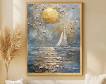 Barca a vela sotto una luna dorata, decorazione murale in oro e argento, mare calmo, stile moderno di lusso — poster digitale stampabile