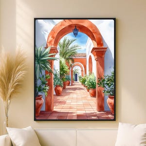 Peut inclure: Peinture à l'aquarelle d'une cour ensoleillée avec des allées voûtées et des pots en terre cuite. L'œuvre présente des arches orange vif, une verdure luxuriante et un ciel bleu, créant une atmosphère méditerranéenne sereine.