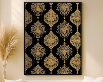 Zwart-gouden arabeskpatroon, luxueuze oosterse damast in islamitische stijl — printbare digitale poster
