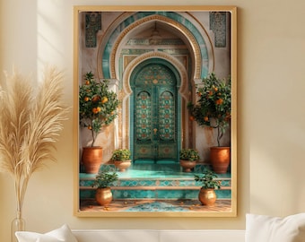 Patio marroquí con puerta turquesa y naranjos, arte islámico oriental andaluz — póster digital imprimible