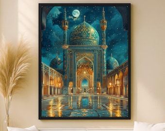 Blue Mosque Under Moonlight Printable Wall Art – Islamic Persian Architecture – Digital Download