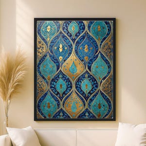 Puede incluir: Una obra de arte enmarcada con un patrón ornamental y repetitivo. El diseño presenta una mezcla de tonos turquesa, dorado y azul marino. El patrón se compone de formas estilizadas de lágrima con detalles florales.