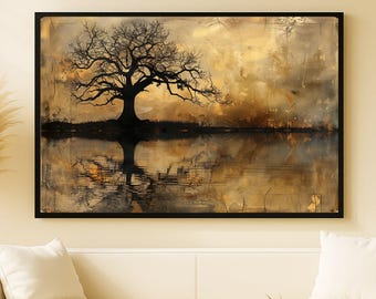 Majestuoso árbol negro, reflejo en un lago dorado abstracto, paisaje contemporáneo dorado y beige — póster digital