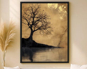 Svart träd i gyllene månsken, minimalistiskt abstrakt landskap i guld och beige — digital poster för tryck