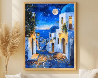 Mediterranes Dorf im Mondschein, blau-goldene Nacht, Aquarell – orientalische Kunst – digitales Poster zum Ausdrucken