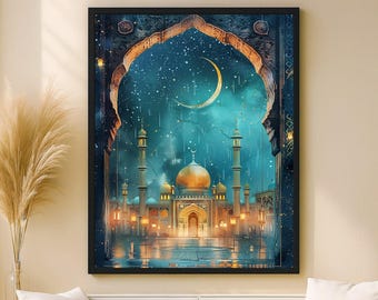 Golden Mosque Under the Moon Printable Wall Art – Islamic Night Scene with Crescent Moon & Iwan – Digital Download