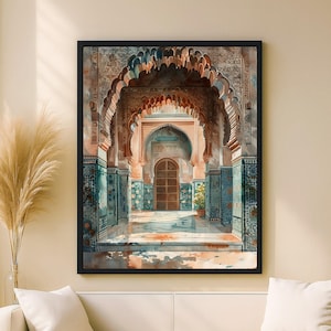 May include: A watercolour painting depicting an arched hallway with detailed architectural features. The artwork showcases a sequence of arches in brown and orange hues, complemented by teal and blue tilework. A wooden door is at the end of the hall, framed in black.