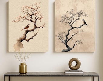 Minimalist Birds on Branches, Asian Zen Art Beige & Sepia — set of 2 prints – Digital Download