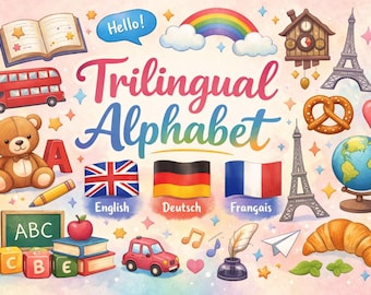 Tarjetas didácticas trilingües del alfabeto en PDF / Tarjetas ABC en inglés, alemán y francés / Material didáctico imprimible para niños / Montessori para niños pequeños y preescolares