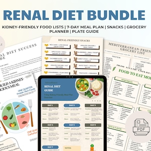 May include: A digital renal diet bundle featuring 11 printable pages including a kidney-friendly food list, a 7-day meal plan, snack ideas, a grocery planner, and a plate guide. The documents contain text, charts, and illustrations of food items.