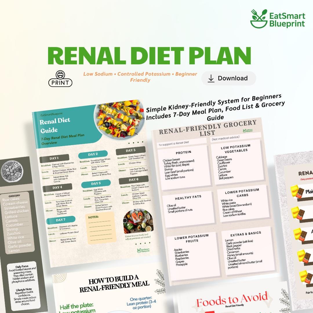 Renal Diet Food List & 7 Day Meal Plan Printable, Low Sodium Low ...