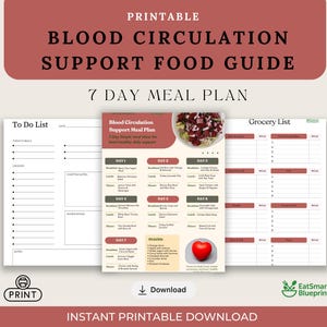 May include: A printable blood circulation support food guide with a 7-day meal plan. The guide includes a to-do list, a meal plan, and a grocery list. The design is in shades of brown and white, with the text "Blood Circulation Support Food Guide" at the top.