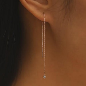 Lab Diamond Threader Drop Earrings, 14k Solid Gold Solitaire Chain Jewelry