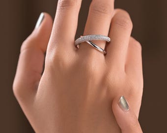 Dainty Engagement Ring, 14k White Gold Lab Diamond Criss Cross Wedding Ring, Minimalist Pave Band for Her, Half Eternity Ring for Women