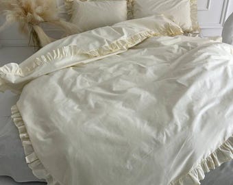Cream Ruffle Bedding Set – 100% Cotton Duvet Cover with Pillowcases & Sheet – Bedroom Decor
