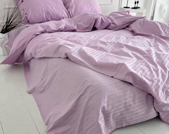 Lavender Striped Cotton Bedding Set with Duvet Cover, Sheet & Pillowcases