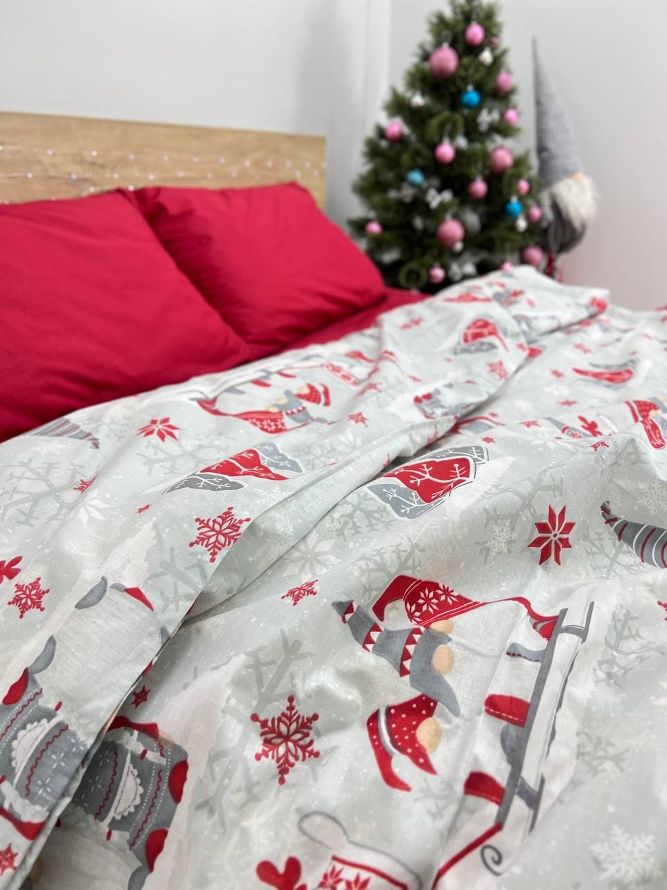 Discover Scandinavian Christmas Bedding Set, Gray Gnome Duvet Cover, Sheets & Pillowcases